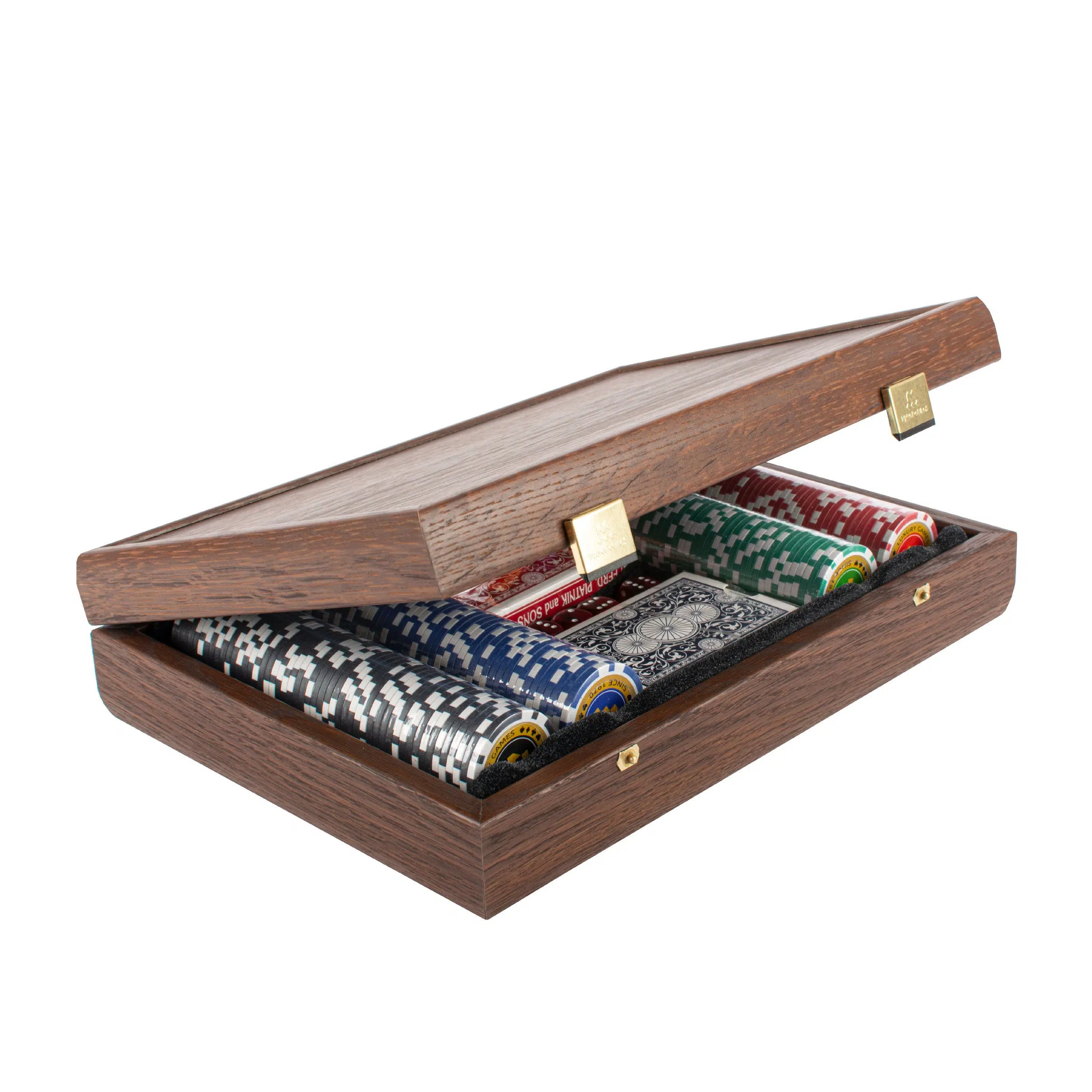 Vue de l'intérieur du coffret de poker en bois, tous les accessoires bien organisés - Le Palais Des Echecs