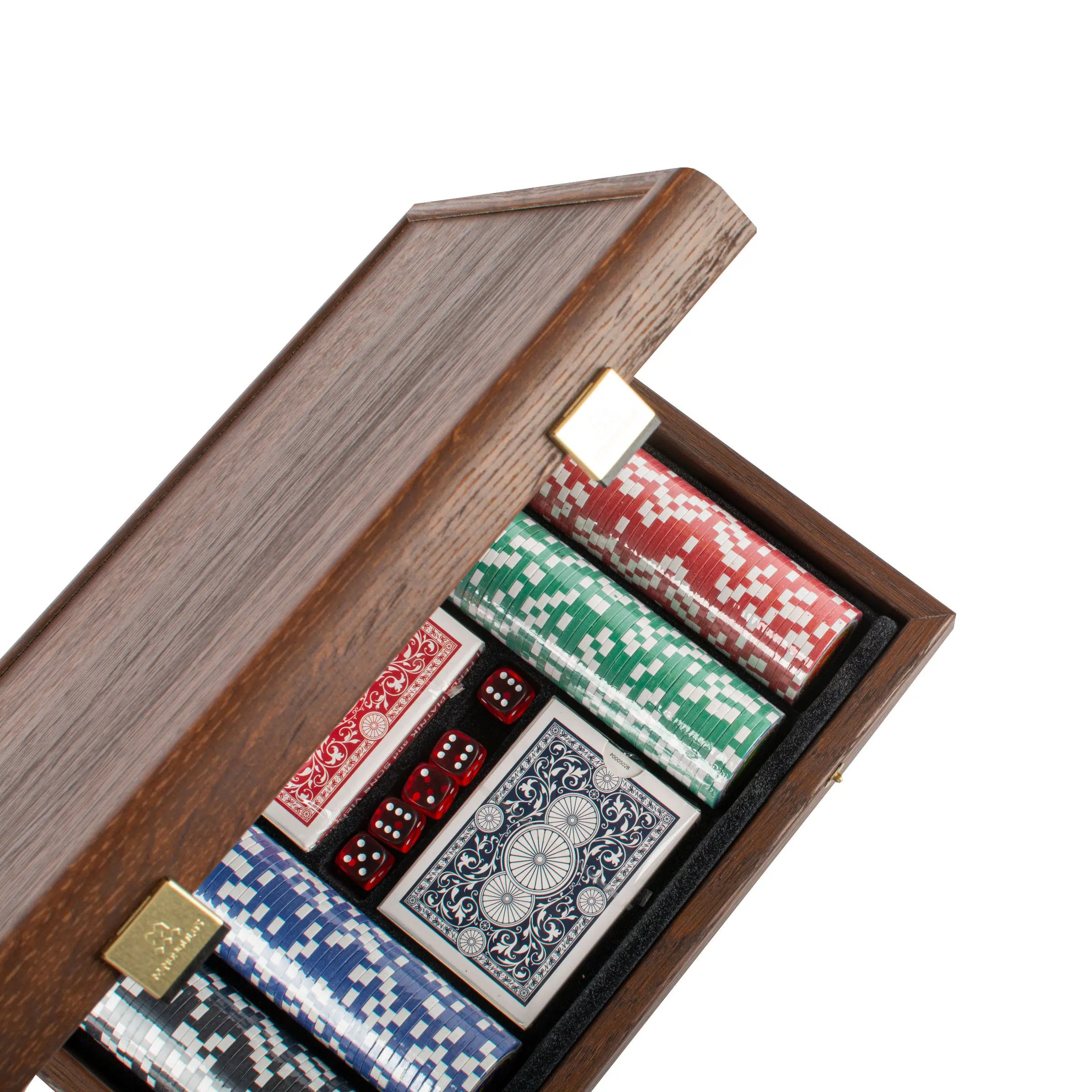 Angle ouvert du coffret de poker en bois avec jetons colorés et accessoires de jeu