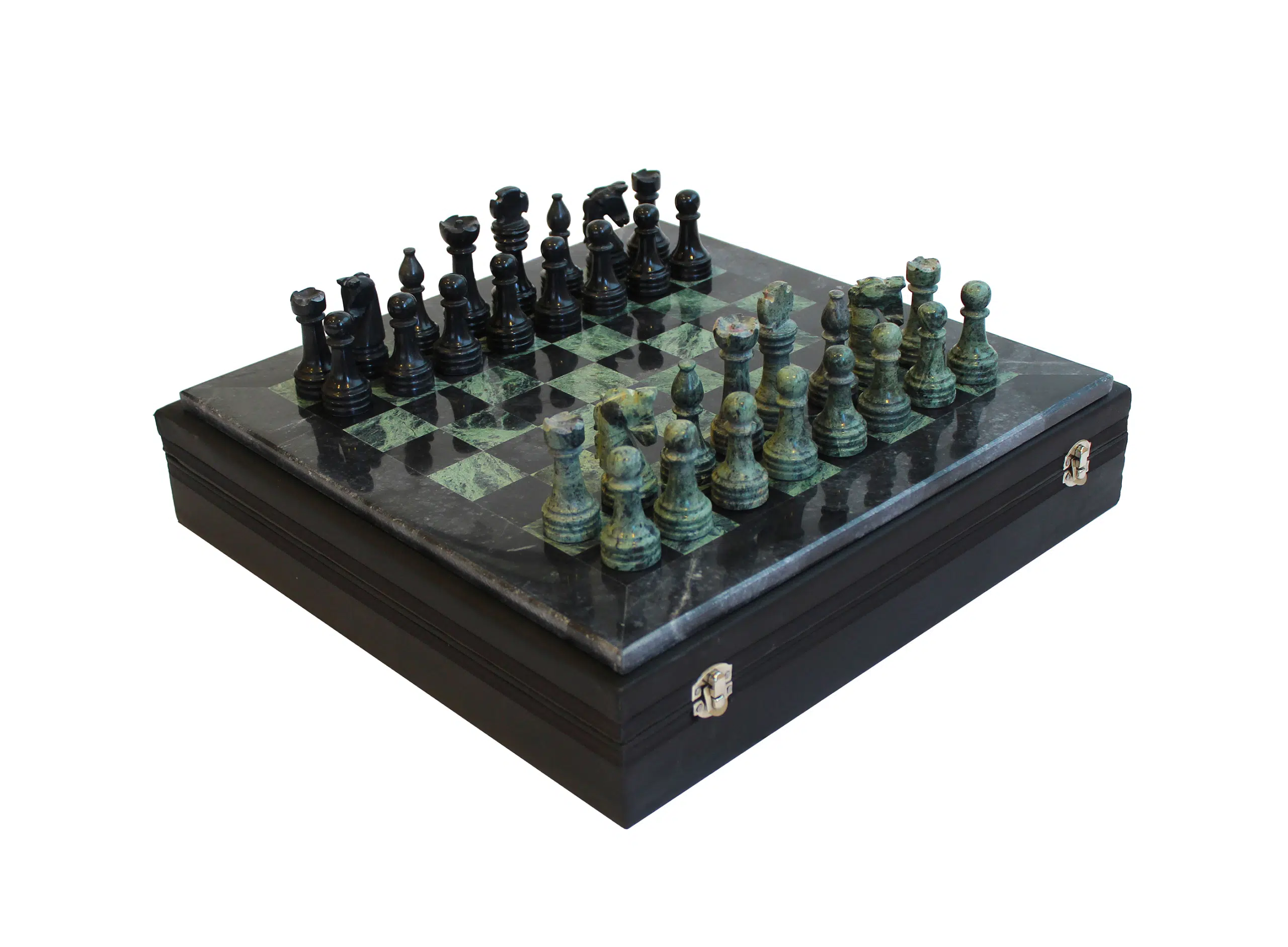 Jeu d’échecs en marbre noir et vert de 30 cm avec coffret