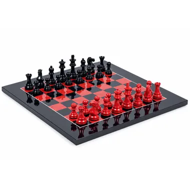 Komplettes Schachspiel aus lackiertem rotem und schwarzem Holz auf Schachbrett aus glänzendem Wurzelholz 42cm