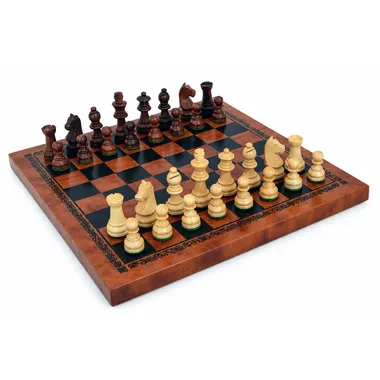 Kleines Wohnzimmer-Schachspiel: Staunton-Figuren aus Akazienholz, beschwert, König 5 cm & Schachbrett aus Kunstleder Schwarz und Gold 26 x 26 cm