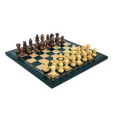 Design-Schachspiel aus Akazienholz auf schwarz-goldenem Kunstleder-Schachbrett