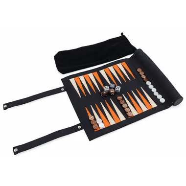 Aufrollbares Backgammon-Spielbrett 25 cm mit Würfeln und Spielsteinen