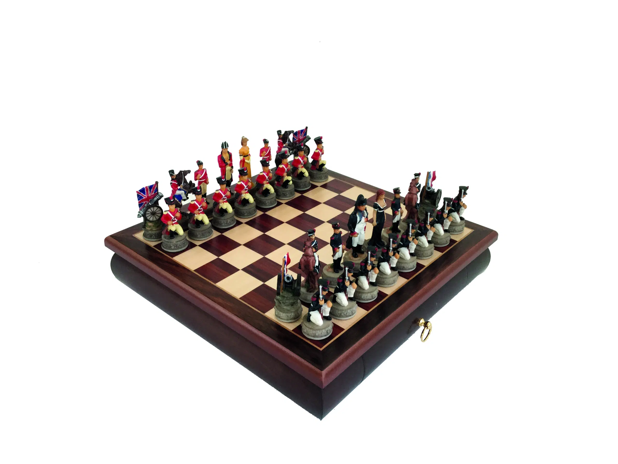 Ensemble Jeu d'Echec Historique Bataille de Waterloo et Echiquier en Bois de Rose avec Rangement