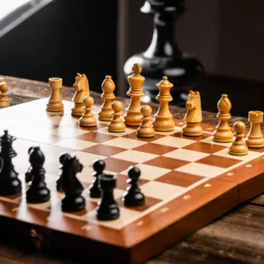 Vue dynamique du jeu d'Échecs en bois avec pièces en ébène et en laiton, prêt à jouer - Le Palais Des Echecs