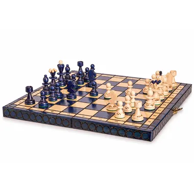 Schachpartie im Gange auf elegantem Holzbrett - Schachspiel Luxe Pearl Insert Blau - Le Palais Des Echecs