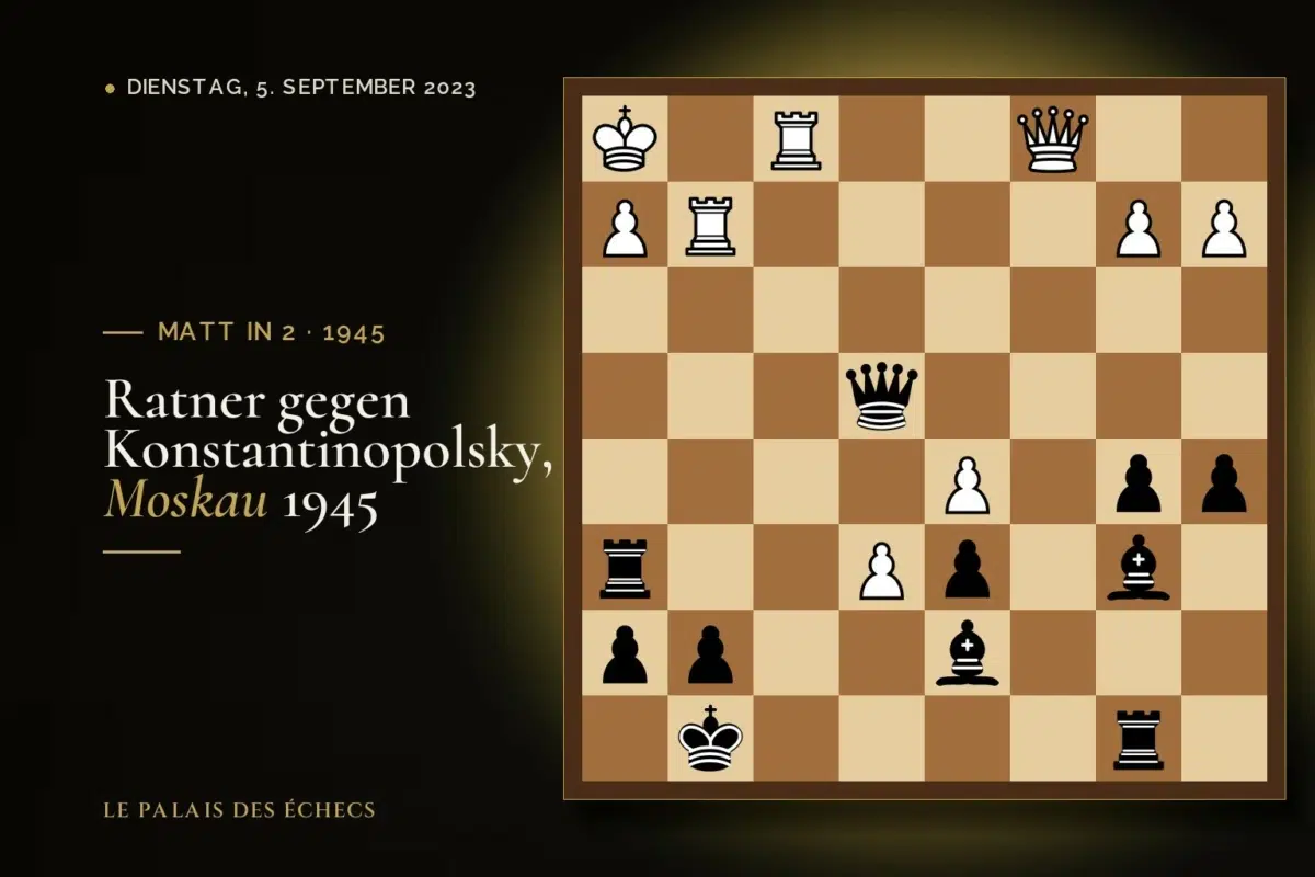Stellung der Schachaufgabe: Schwarz zieht und setzt in 2 matt (Boris Ratner – Alexander Konstantinopolsky, Moscow, 1945)